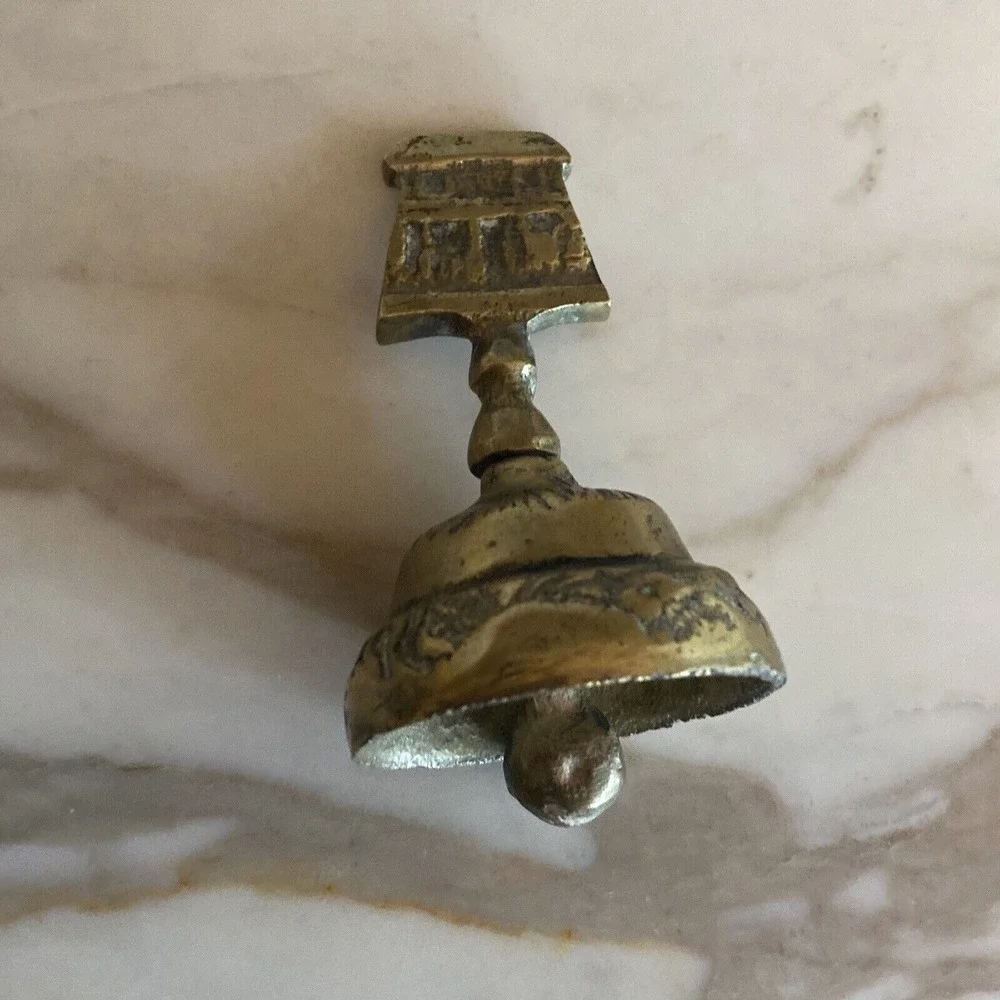 Brass Hand Bell Gold Vintage House Handle Etched Floral Pattern Antique